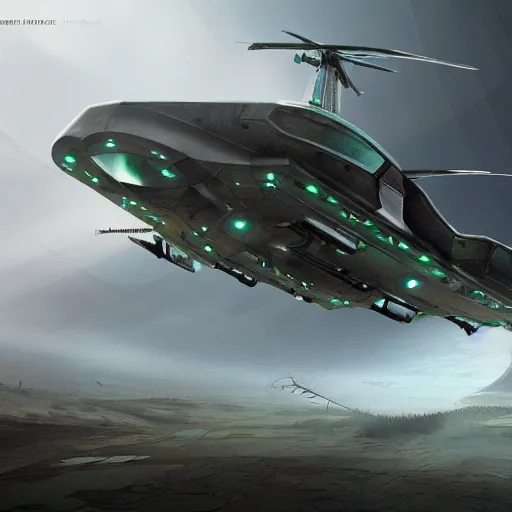 Prompt: a ghost town full a futuristic spaceship decorated with futuristic art by greg chocktail and beks jade and jade, trending on artstation A military helicopter landing in a misty, neolithic period, in