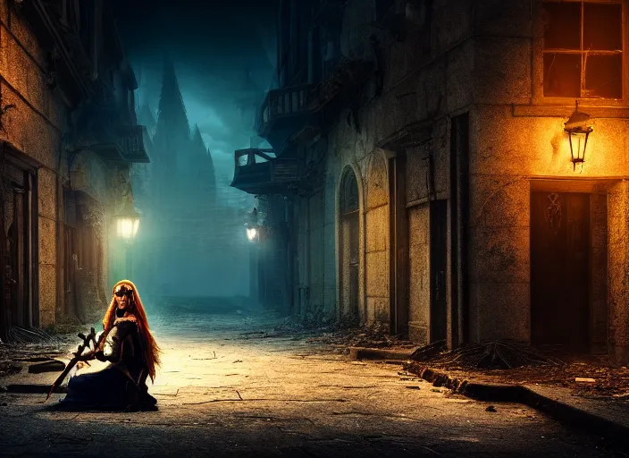 Image similar to streets of an abandoned city at night with a lone elven woman warrior sitting in the corner. Fantasy magic horror style. Highly detailed 8k. Intricate. Nikon d850 55mm. Award winning photography.