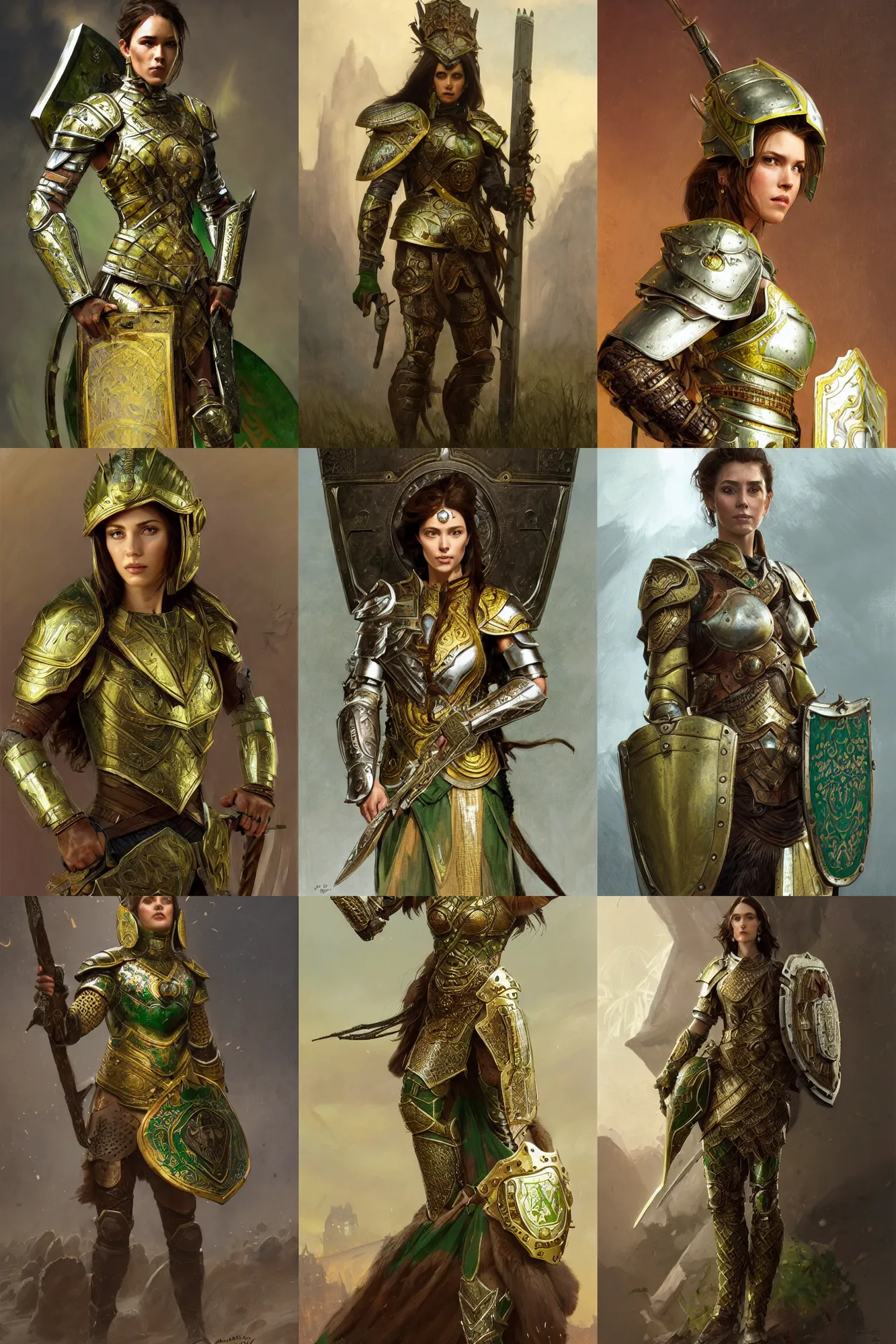 Prompt: full body portrait of a rugged female warrior medium length brown hair and a very highly detailed face wearing elegant white, green and gold plate mail armor intricately painted, holding a rectangular tower shield, very highly detailed, artstation, cgsociety, realistic character concept art, sharp focus, by greg rutkowski, and alphonse mucha