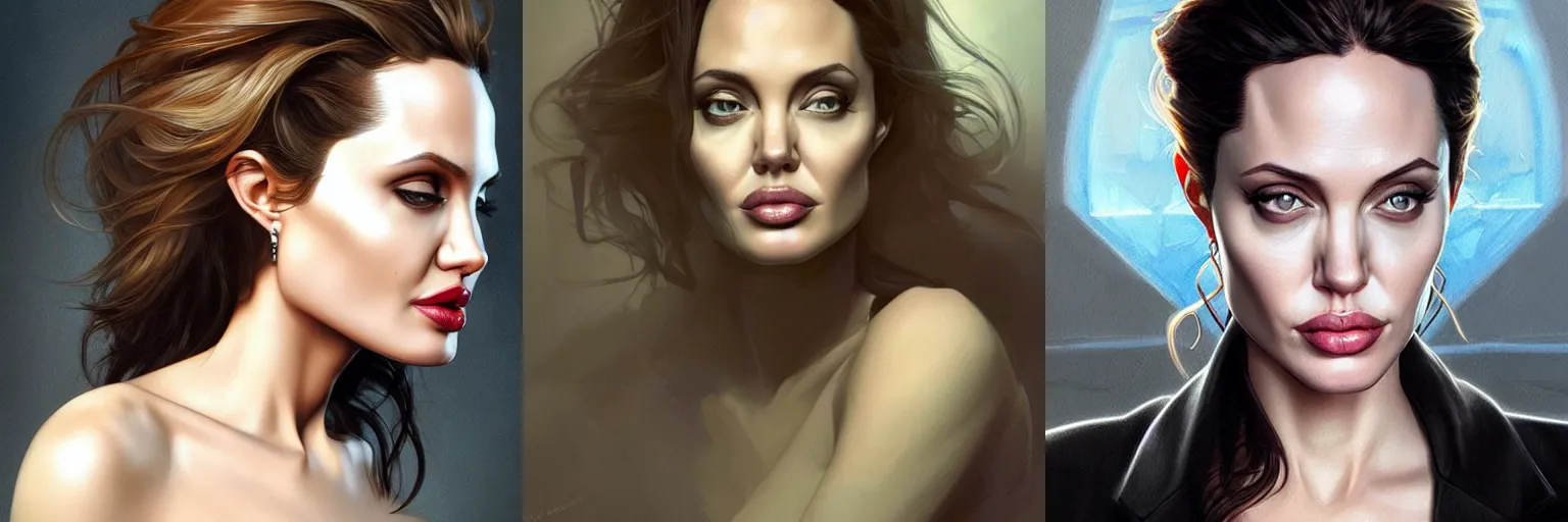 Prompt: portrait of Angelina Jolie as a detective, highly detailed, digital painting, artstation, concept art, sharp focus, illustration, art by artgerm and greg rutkowski and alphonse mucha