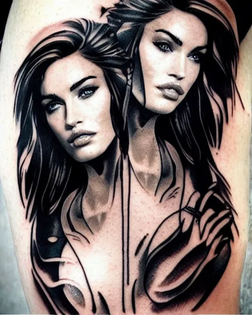 Prompt: creative double exposure effect tattoo design sketch of megan fox with beautiful mountains, realism tattoo, in the style of andrey lukovnikov, amazing detail, sharp