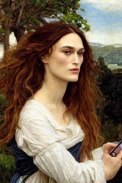 Image similar to a pre raphaelite painting of keira knightley lazily looking at her iphone by dante gabriel rossett