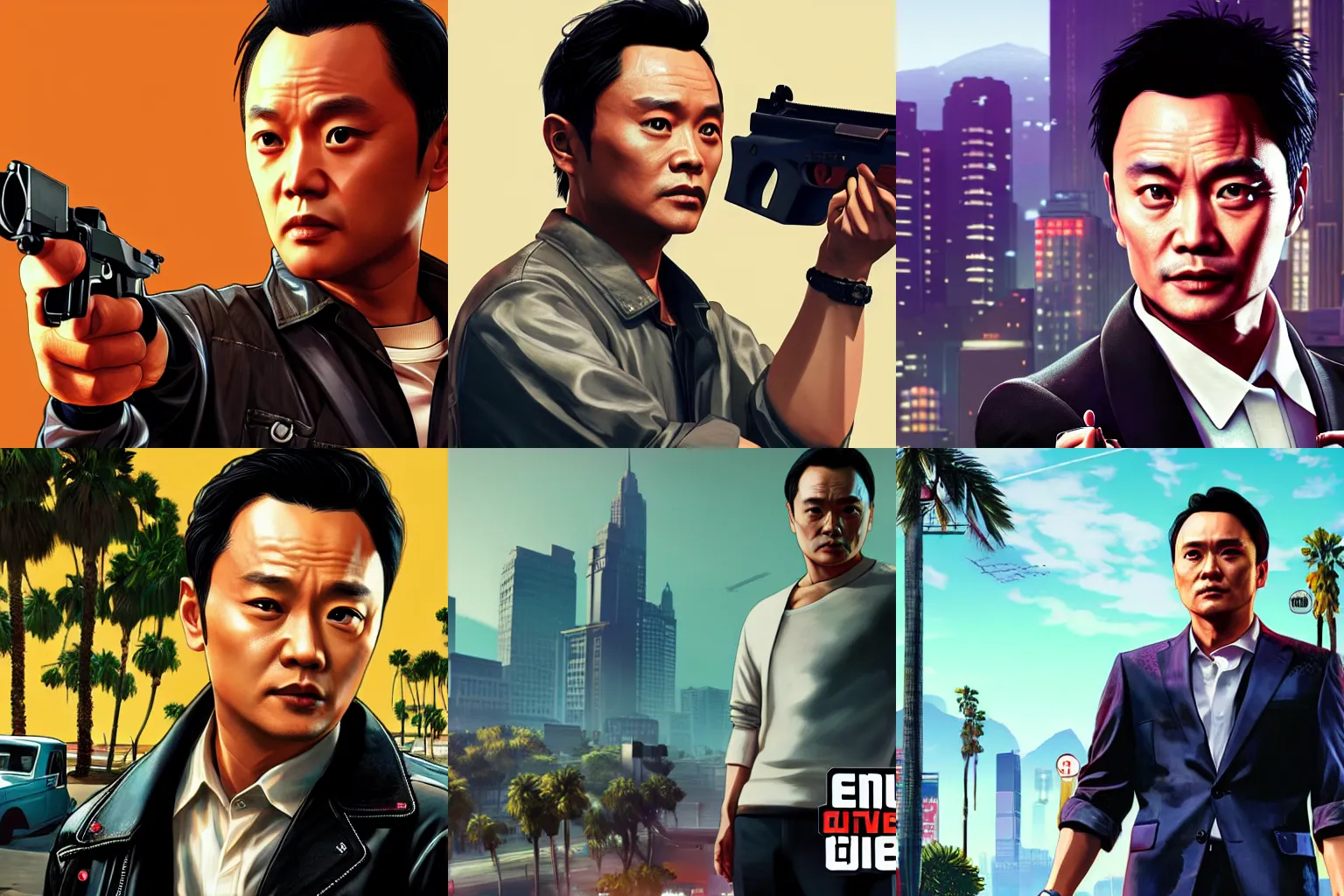 Prompt: Leslie Cheung in Grand Theft Auto 5 cover art, epic, 4k resolution, extremely detailed, very sharp, artstation, digital art, vibrant,