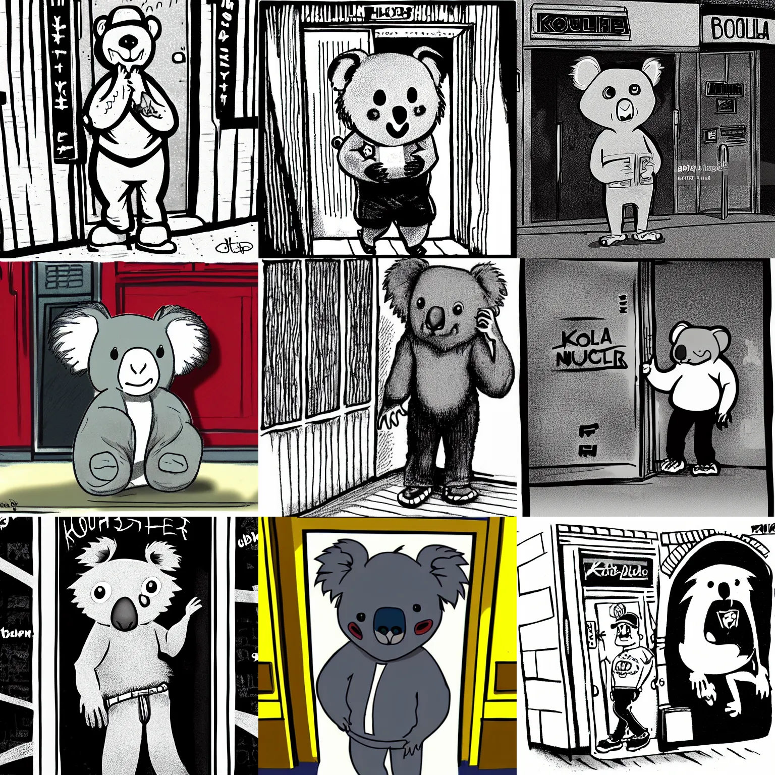 Prompt: cartoon drawing of hiphop koala bouncer standing outside nightclub door at midnight