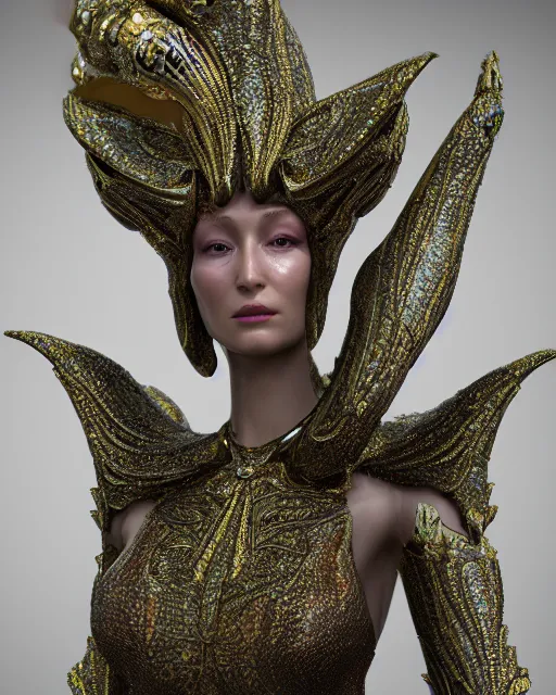 Image similar to a highly detailed metahuman 4 k close up render of an alien goddess bella hadid monument in iris van herpen armor schiaparelli in diamonds crystals swarovski and jewelry iridescent in style of alphonse mucha gustav klimt trending on artstation made in unreal engine 4