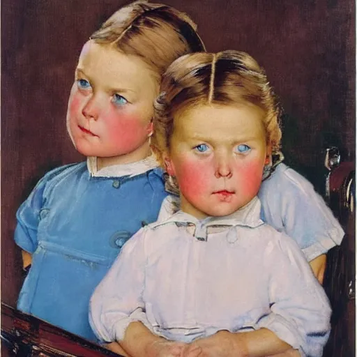 Image similar to Frontal portrait of women triplets with ice blue eyes. Painting by Norman Rockwell.