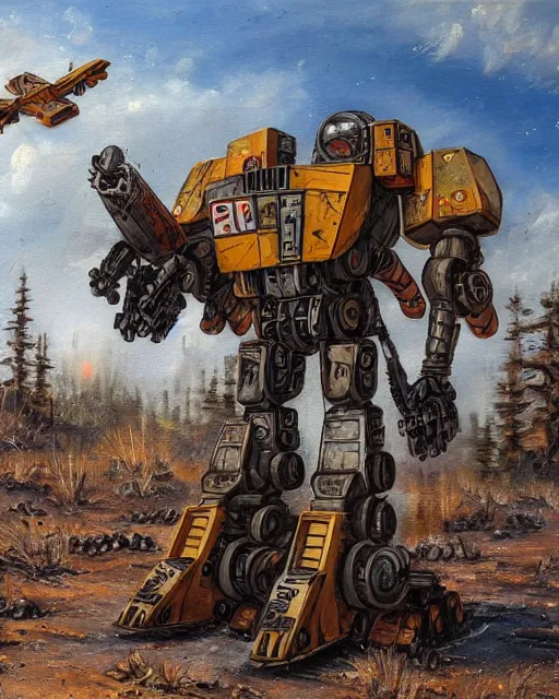 Prompt: sukhoi mech!!! armed with rockets and a minigun, battletech mech, round machines, oil painting, soviet ( ( ( ( ( airplane ) ) ) ) ), tribal yurta, postapocalyptic, sharp focus