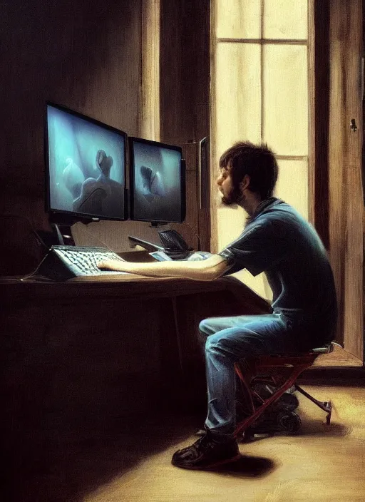 Image similar to insanely detailed chiaroscuro image of a exhausted - looking stalky casually - dressed programmer guy on his knees facing his glowing ultrawide computer monitor monitor begging it for forgiveness, oil on canvas, masterwork, fine detail, trending on artstation, emotive, insanely compelling, ryden, koons, moebius