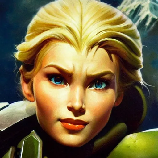 Image similar to ultra realistic portrait painting of elsa as master chief, art by frank frazetta, 4 k, ultra realistic, highly detailed, epic lighting