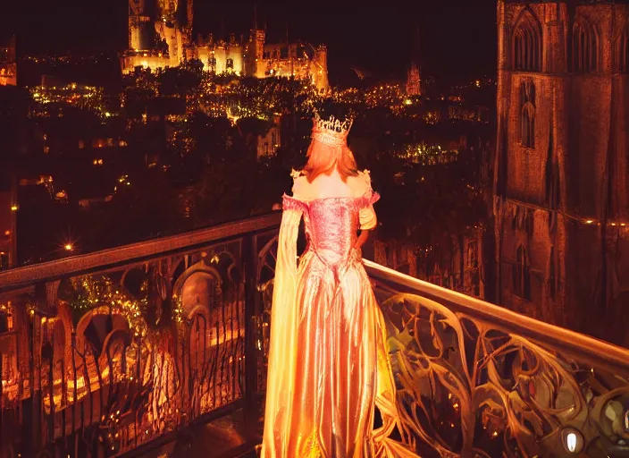 Prompt: a beautiful queen stands on a balcony overlooking a fantasy medieval gothic city at night, glow rays, 3 5 mm photography