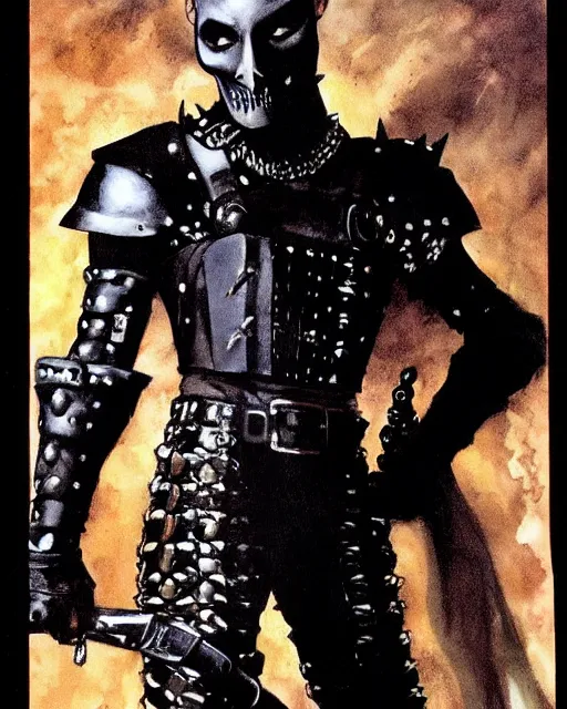 Image similar to portrait of a skinny punk goth tony todd wearing armor by simon bisley, john blance, frank frazetta, fantasy, thief warrior