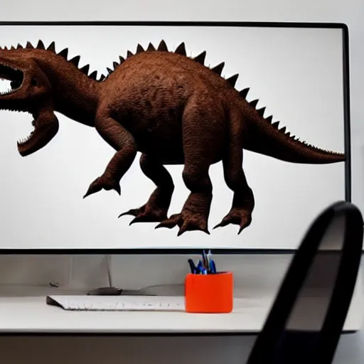 Prompt: dinosaur in dark office looking on computer at picture of a stegosaurus mounting a triceratops