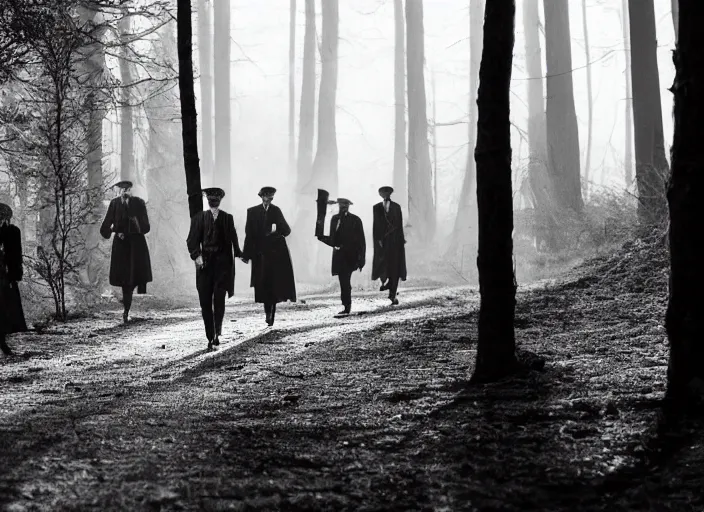 Prompt: an action scene from peaky blinders, medium long shot, filmed in the dark woods, a cabin in the background, faces covered in shadows, detailed and symmetric faces, black and white, cinematic, epic,