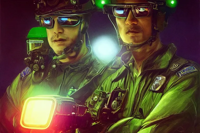 Image similar to Beautiful portrait of a glowing translucent body glowing male police officer wearing cool shades. Green fluorescent aura around officer, wide angle, magic, fire, darkness, dramatic lighting, Africa, intricate, wild, highly detailed, digital painting, artstation, concept art, smooth, sharp focus, illustration, art by artgerm and greg rutkowski and alphonse mucha, footage from space camera