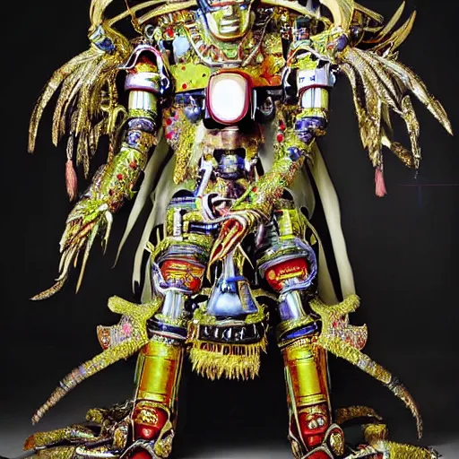 Image similar to uhd candid photo of the robot devil wearing bizarre emperor costume, intricate attire. photo by annie leibowitz