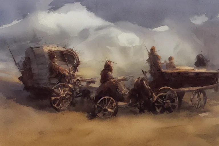 Prompt: small centered on white watercolor paper, paint brush strokes, abstract watercolor painting of viking wagon, midday sharp light, dust, cinematic light, american romanticism by hans dahl, by jesper ejsing, by anders zorn, by greg rutkowski, by greg manchess, by tyler edlin