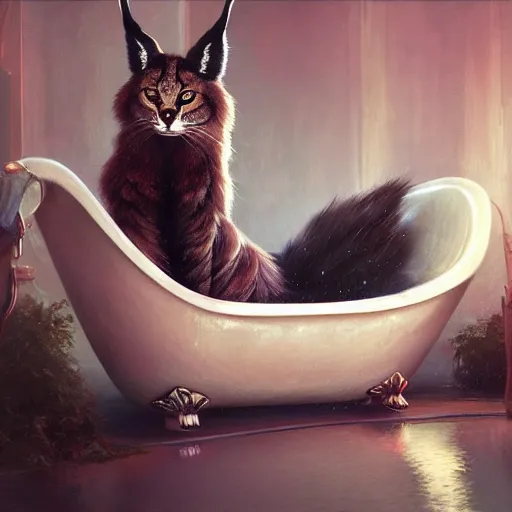 Image similar to fluffy cute caracal in a bathtub, fullbody, ultra high detailed, glowing lights, oil painting, Greg Rutkowski, Charlie Bowater, Beeple, unreal 5, DAZ, hyperrealistic, octane render, RPG portrait, dynamic lighting, fantasy art, beautiful face