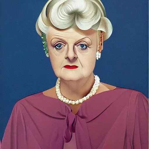 Image similar to very beautiful portrait of dame angela lansbury wearing pearls, detailed and colorful and painted by rene magritte