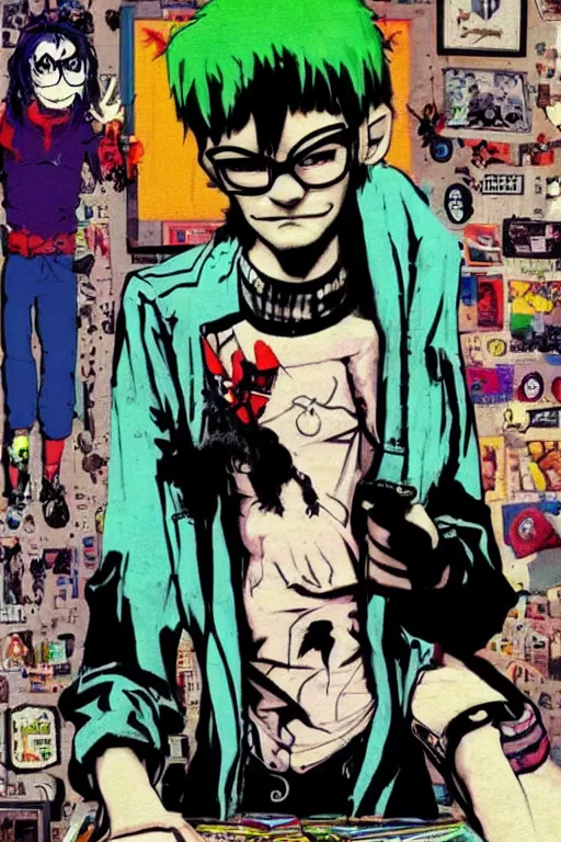 Image similar to nerdy goth guy, cluttered messy 9 0 s bedroom, by jamie hewlett, jamie hewlett art, vaporwave, 9 0 s aesthetic, 9 0 s vibe, concept art, full body character concept art, perfect face, detailed face,