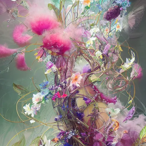 Image similar to a bouquet of ethereal big colorful transparent entangled flowers in the white comicy smoke, wild foliage, vivid, detailed painting, by Ross Tran, WLOP, artgerm and James Jean, masterpiece, award winning painting