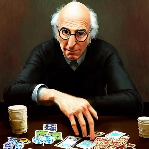 Prompt: larry david playing poker while wearing a batman costume and tripping on lsd, money, poker, cards, larry david, curb, elegant, intricate, digital painting, artstation, concept art, smooth, sharp focus, illustration, art by artgerm and greg rutkowski and alphonse mucha