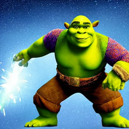 Image similar to Shrek with the infinity gauntlet