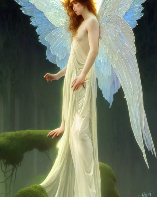 Prompt: portrait of a ethereal magical young winged fairy princess wearing a white robe, d & d, fantasy, intricate, rim light, volumetric lighting, dark souls, elegant, highly detailed, digital painting, artstation, concept art, smooth, sharp focus, illustration, art by greg rutkowski, maxfield parrish and alphonse mucha, new art nouveau, tarot card