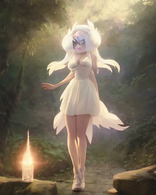 Prompt: photo of eevee pokemon humanisation, in lace short white dress, film still, dslr, by greg rutkowski, gil elvgren, enoch bolles, ross tran, artgerm, wlop, glossy skin, pearlescent, very coherent