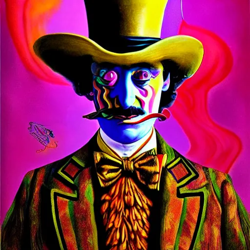 Image similar to an extremely psychedelic portrait of salvador dali as willy wonka, surreal, lsd, face, detailed, intricate, elegant, lithe, highly detailed, digital painting, artstation, concept art, smooth, sharp focus, illustration,