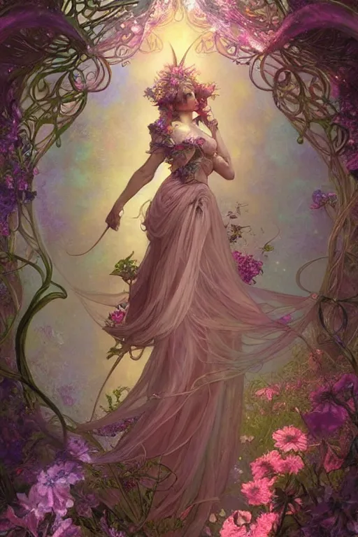 Prompt: full length portrait of a beautiful mysterious fairy with flowery headgear, no hands, by eve ventrue, artgerm, thomas kinkade. art nouveau. tarot card by mucha. gloomhaven. swirly intricate linework background. gaudy colors, sharp edges. octane render