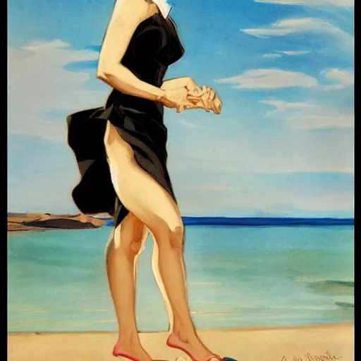 Prompt: woman on the beach, black dress, leyendecker style