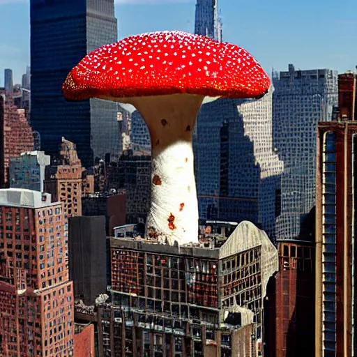 Prompt: a giant amanita muscaria in the New York skyline