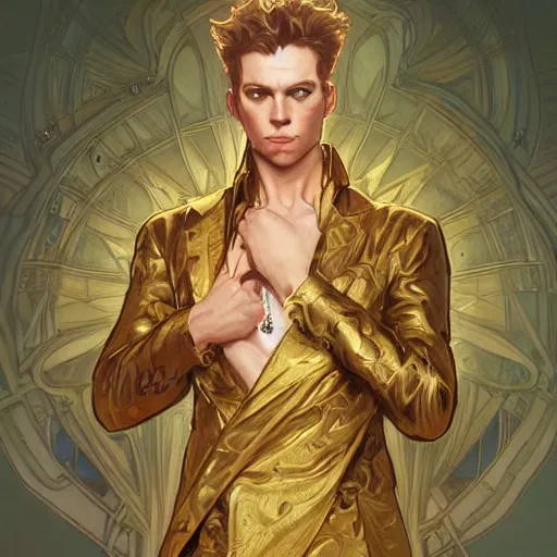 Image similar to Sandman with a gold suit, portrait, intricate, elegant, highly detailed, digital painting, artstation, concept art, smooth, sharp focus, illustration, art by artgerm and greg rutkowski and alphonse mucha