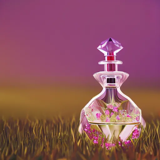 Prompt: perfume bottle in a artistic enchanted flower garden grass soft femme, softly - lit, highly detailed, realistic, up close shot, unreal engine, f 2 0