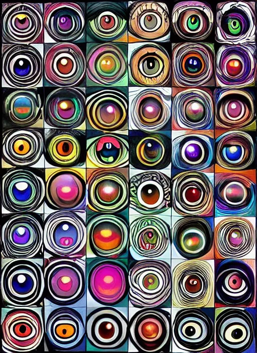 Image similar to diverse eyes!, rotating circle, dot pupils, teams, healing, energetic, life, hybrids, thin glowing devices, reflections, vitals visualiser!!, advanced art, art styles mix, from wikipedia, grid of styles, various eye shapes
