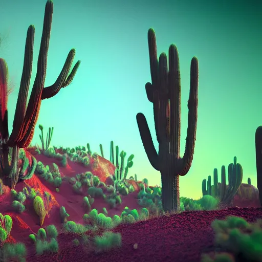 Image similar to A mystical desert with blood houngry creatures and colorfull plants,cinematic lighthing,nightmare,horror,octane render,