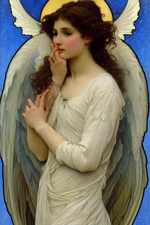 Image similar to portrait of a beautiful angel, intricate, elegant, hyperdetailed by alphonse mucha and william - adolphe bouguereau and john william waterhouse