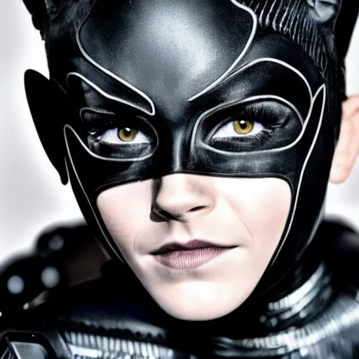 Image similar to Emma Watson as Catwoman, Fujifilm X-T3, 1/1250s at f/2.8, ISO 160, 84mm, 8K, RAW, symmetrical balance, Dolby Vision, HDR, Luminar AI