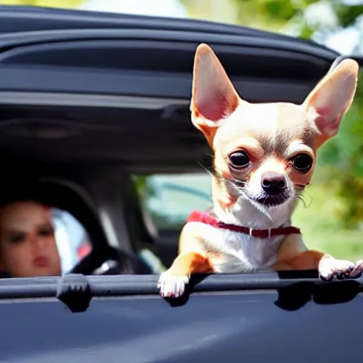Prompt: chihuahua driving a car while barking