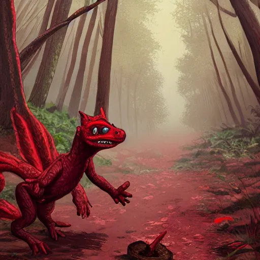 Image similar to red kobold walking through the forest art by matt wilson