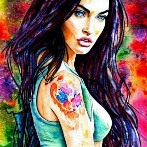 Image similar to megan fox, watercolor art, watercolor painting, aquarelle, tattoo, ultra detailed