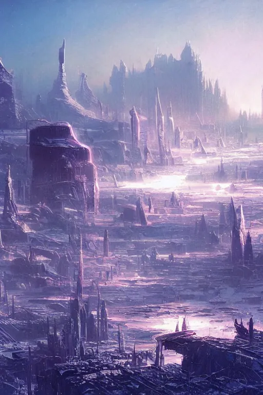 Prompt: a city in an icy landscape, cosmic sky sci - fi vivid by bruce pennington, greg rutkowski