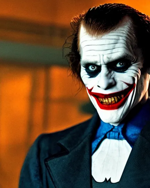 Image similar to a movie still of Batman starring Willem Dafoe as the Joker smiling, 8k, Technicolor, telephoto lens, detailed skin, detailed realistic eyes, medium shot, mid-shot