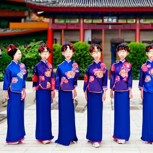 Image similar to traditional Chinese Court Ladies Adorning Their Hair With Flowers, while the ladies wearing a suit of protective clothing.