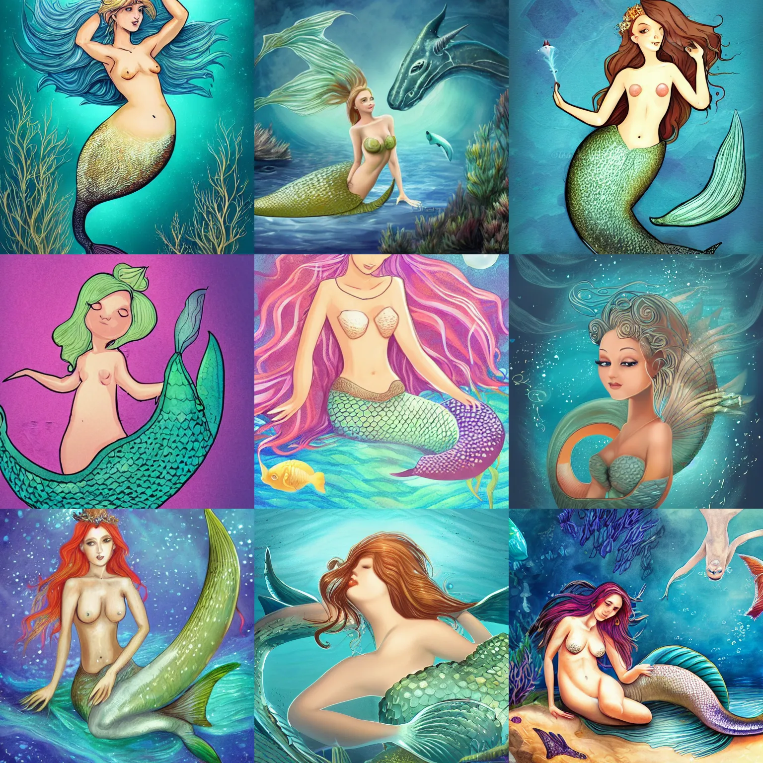 Prompt: illustration of a mermaid, art station, mythical creature