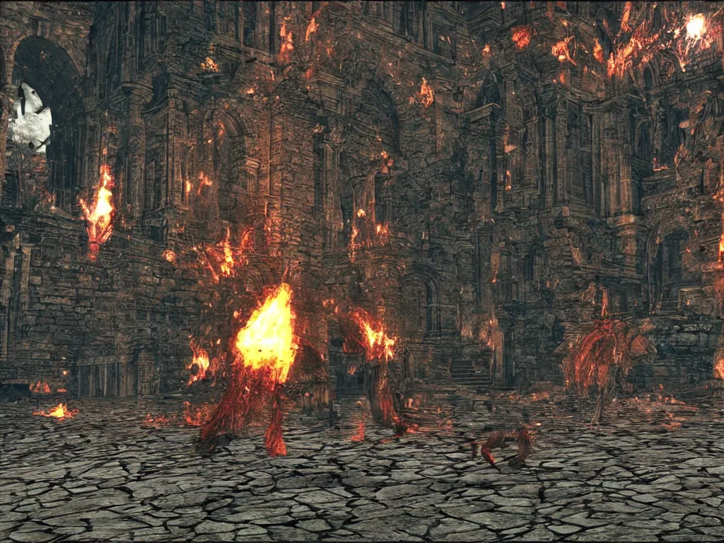 Image similar to Dark Souls Demon Ruins as a PS1 video game landscape