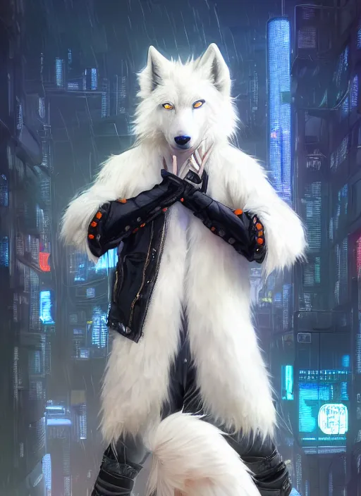 Image similar to award winning beautiful portrait commission of a male furry anthro albino wolf fursona with a tail and a cute beautiful attractive detailed furry face wearing stylish black, orange and blue cyberpunk biker clothes standing on top of a high rise in a cyberpunk city at night while it rains. Character design by charlie bowater, ross tran, artgerm, and makoto shinkai, detailed, inked, western comic book art