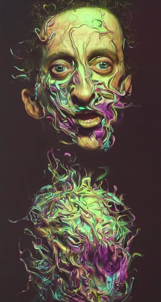 Prompt: weird and disturbing psychedelic pauly shore, diffuse lighting, fantasy, intricate, elegant, highly detailed, lifelike, photorealistic, oil painting, illustration, concept art, smooth, sharp focus, art by francis bacon