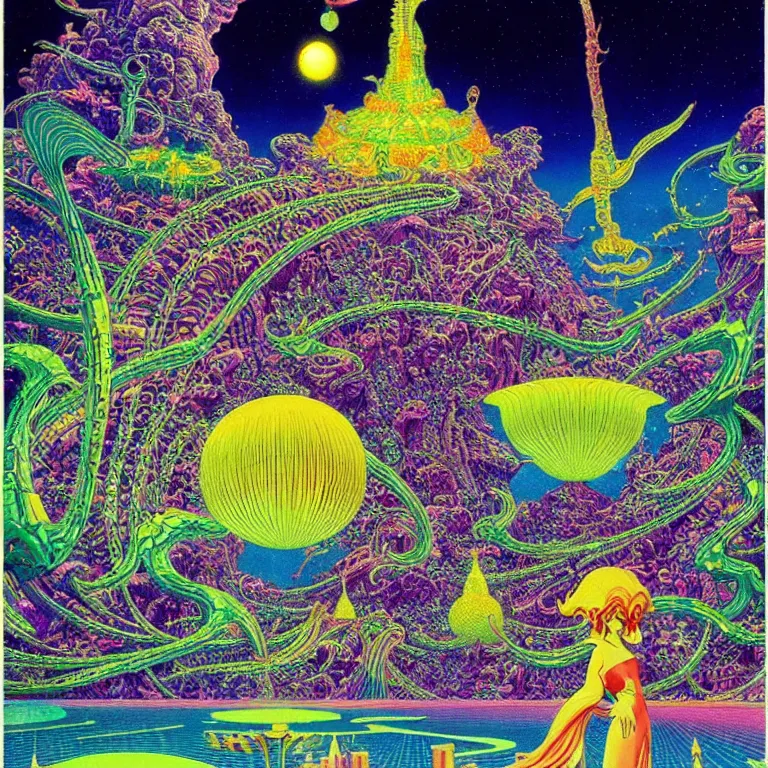 Image similar to mysterious ufo hovering over magical crystal temple, bright neon colors, highly detailed, cinematic, hiroo isono, tim white philippe druillet, roger dean, lisa frank, aubrey beardsley, ernst haeckel