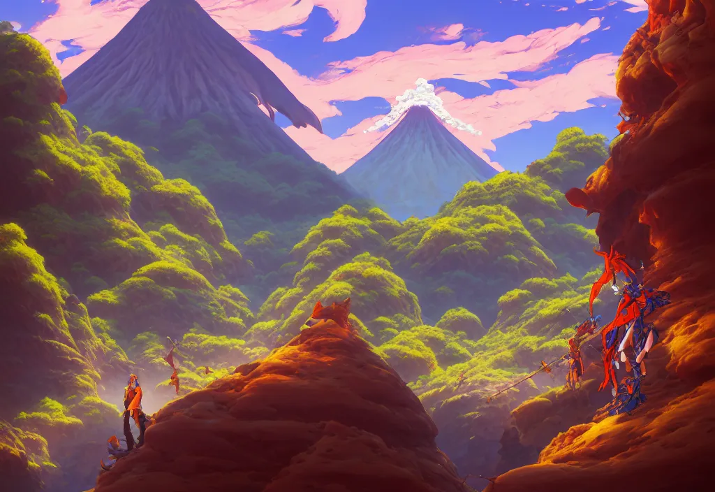 Prompt: fishbones in a dry canyon river with a volcano in the background, intricate oil painting, high detail illustration, sharp high detail, manga and anime 1 9 9 9, official fanart behance hd artstation by jesper ejsing and makoto shinkai, 4 k,